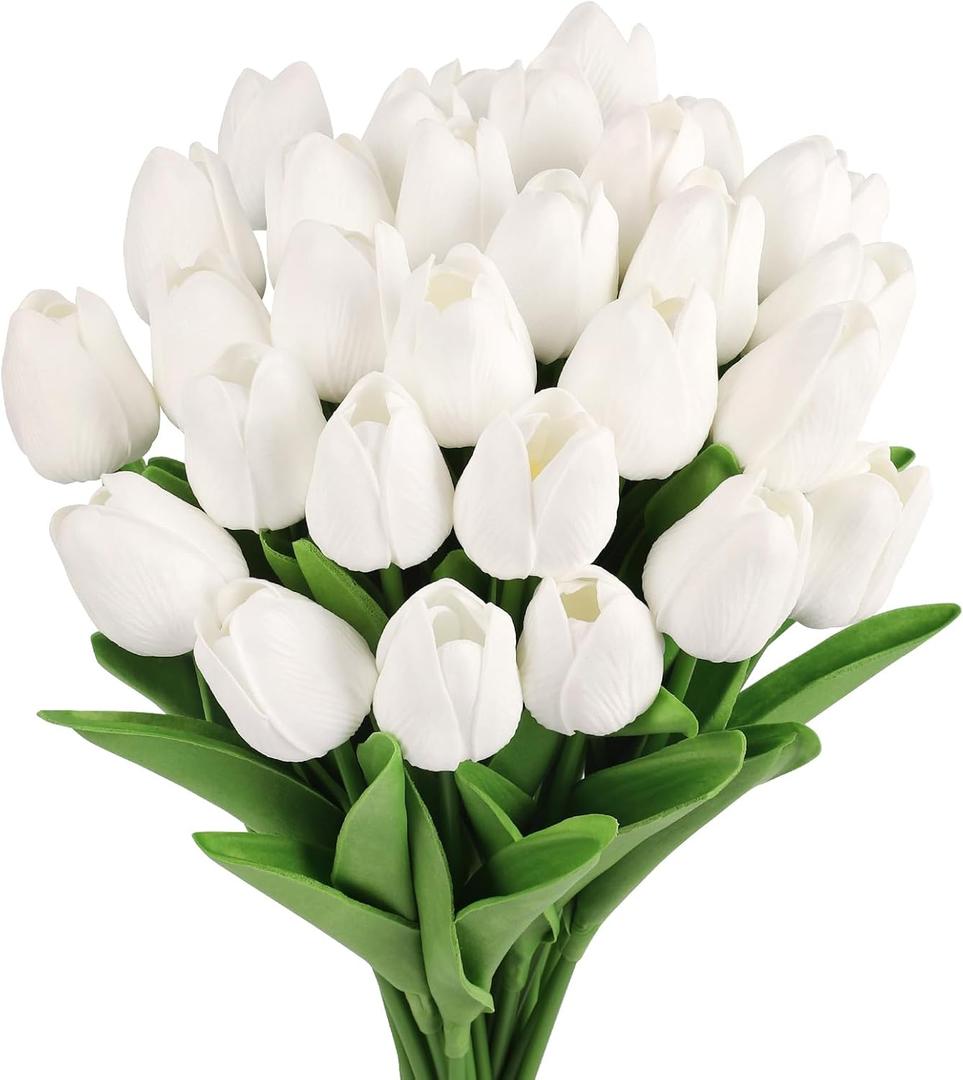 MACTING 30 PCS Artificial Tulip Flowers 13.7" Real Touch Fake PU Tulips Bouquet Faux White Flowers for Floral Arrangements Kitchen Table Centerpieces Home Summer Indoor Outdoor Decorations