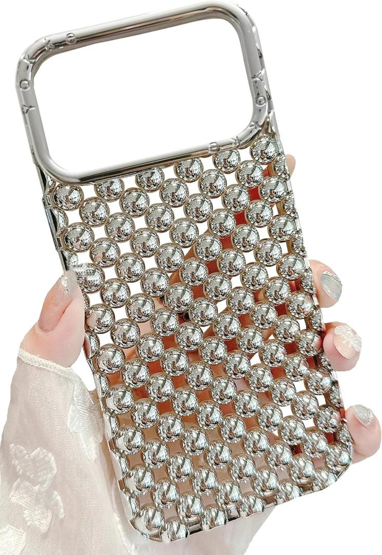 JANDM Hollow Out Compatible with iPhone 17 Pro Max Case, Fashion Beads Bubble 3D Cut-Out Design, Glossy Chrome Electroplate Silicone Glitter Breathable Case for Women Girls (Silver)