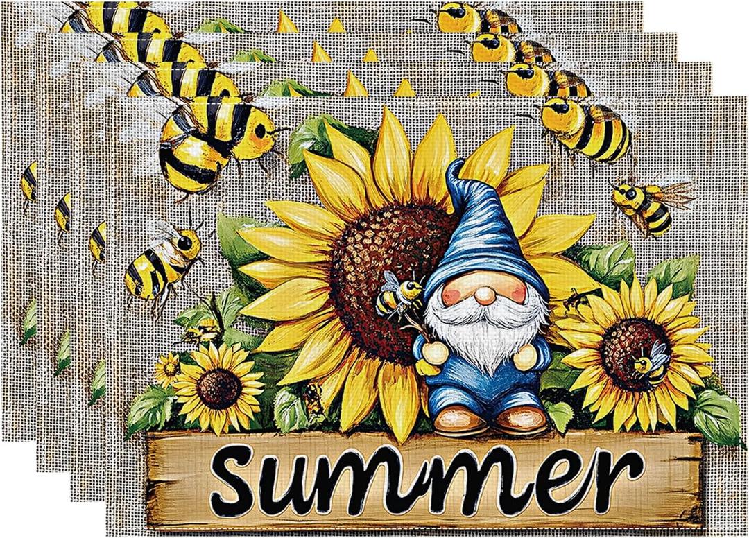 Placemats Set of 4 Summer Table Mats Floral Theme Place Mats Washable Rustic Holiday Table Decoration for Indoor Outdoor Party Kitchen Dining (Sunflower2, 12x18)