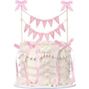 Honeydak 11 Pcs Pink Bow Ribbon Cake Topper Happy Birthday Cake Bunting Topper with Wood Pole Handmade Pennant Flags with Bows Ribbon for Birthday, Bridal Party Decoration