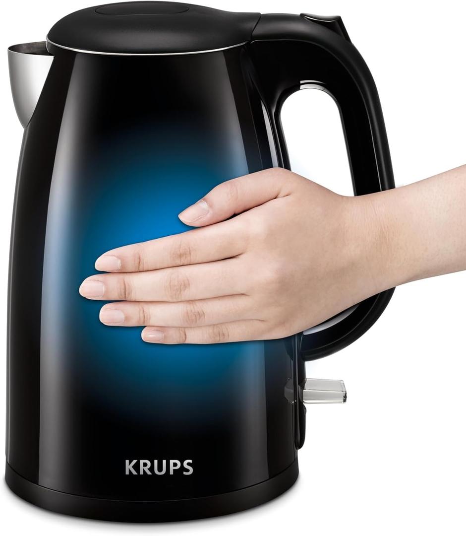 KRUPS: 1.5L Electric Kettle, Cool Touch Stainless Steel Interior, 1500 Watt, Fast Boiling, one cup in 80 seconds, Double Wall, Fast Boiling, Auto Off, Keep Warm, Cordless Black (1.6 Quarts)
