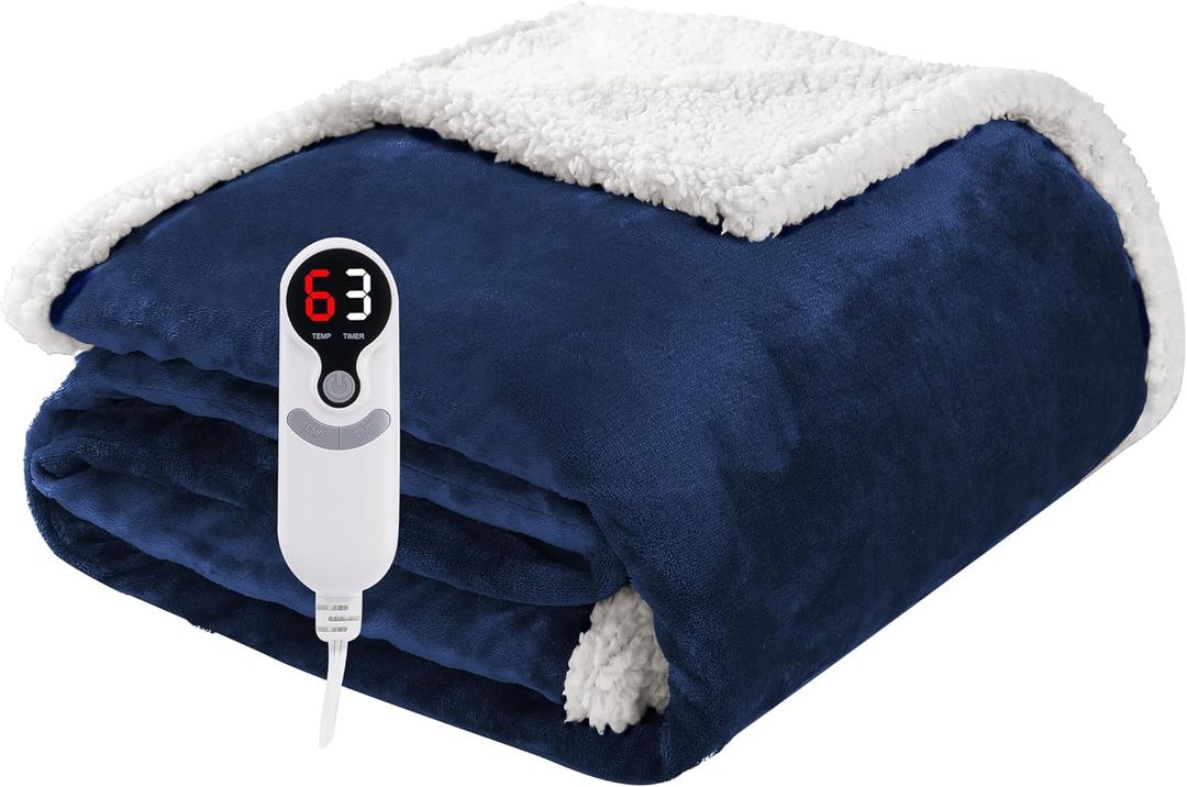 Electric Heated Blanket Throw Size 50"x60", Soft Flannel with Overheat Protection, 9 Adjustable Heat Settings & 10-Hour Auto-Off Timer, Fast Heating for Winter Comfort, for Office & Chair, Navy Blue