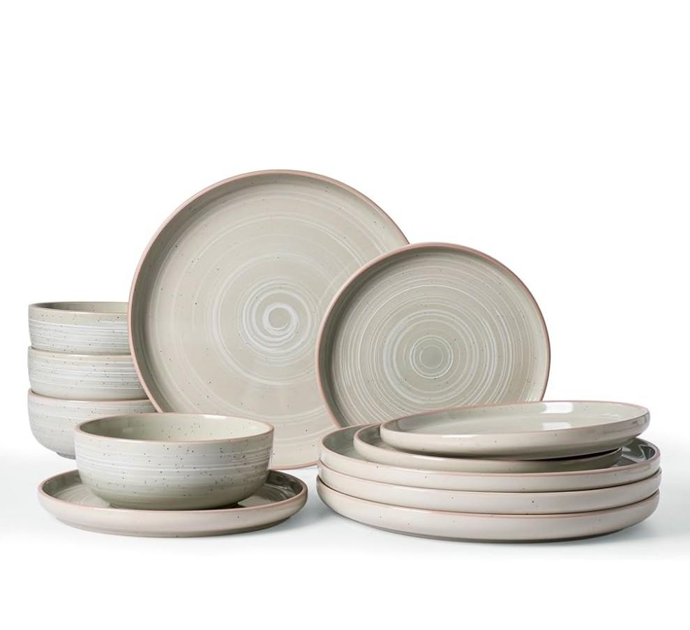 Famiware Meteor Plates and Bowls Sets for 4, 12 Pieces Dinnerware Sets, Microwave and Dishwasher Safe Dishes Set, Matcha Green