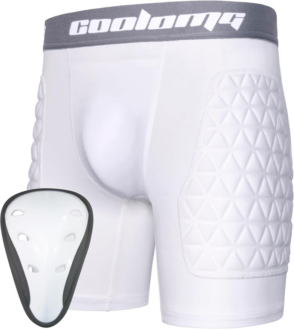 COOLOMG Youth Boys Sliding Shorts with Athletic Cup Compression Shorts for Baseball Football Lacrosse (Medium, White)