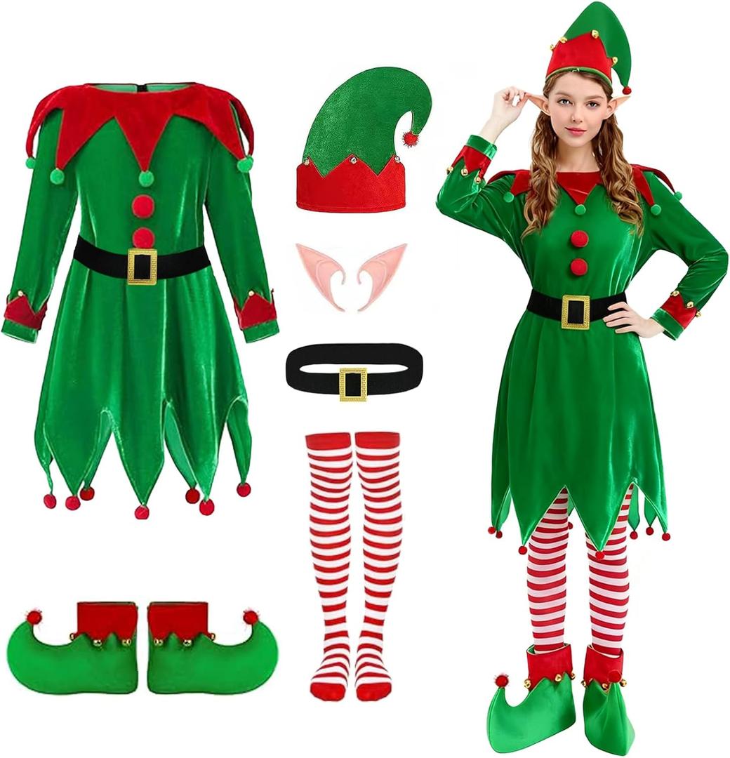Christmas Elf Costume Women: 6 Pcs Adult Elf Dress Santa Helper Costume Xmas Cosplay Outfit (Large)