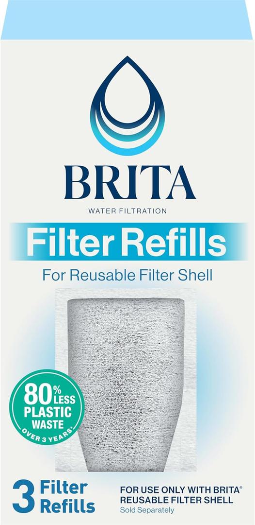 Brita Refillable Water Filter Refill Packs for Pitchers and Dispensers, BPA-Free, 80% Less Plastic*, Each Lasts Two Months, For Use with Refillable Shell (Sold Separately), 3 Filters Brita Refillable Water Filter Refill Packs for Pitchers and Dispensers, BPA-Free, 80% Less Plastic*, Each Lasts Two Months, For Use with Refillable Shell (Sold Separately), 3 Filters