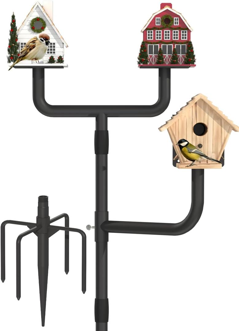 Garbuildman Upgraded Smart Bird Feeder Pole for 3 Birdhouses with Reinforced 5-Prong Base, Adjustable Birdhouse Pole for Outdoors, 3-in-1 Bird Feeder Stand Mounting Kit for Wild Birds Watching, Black