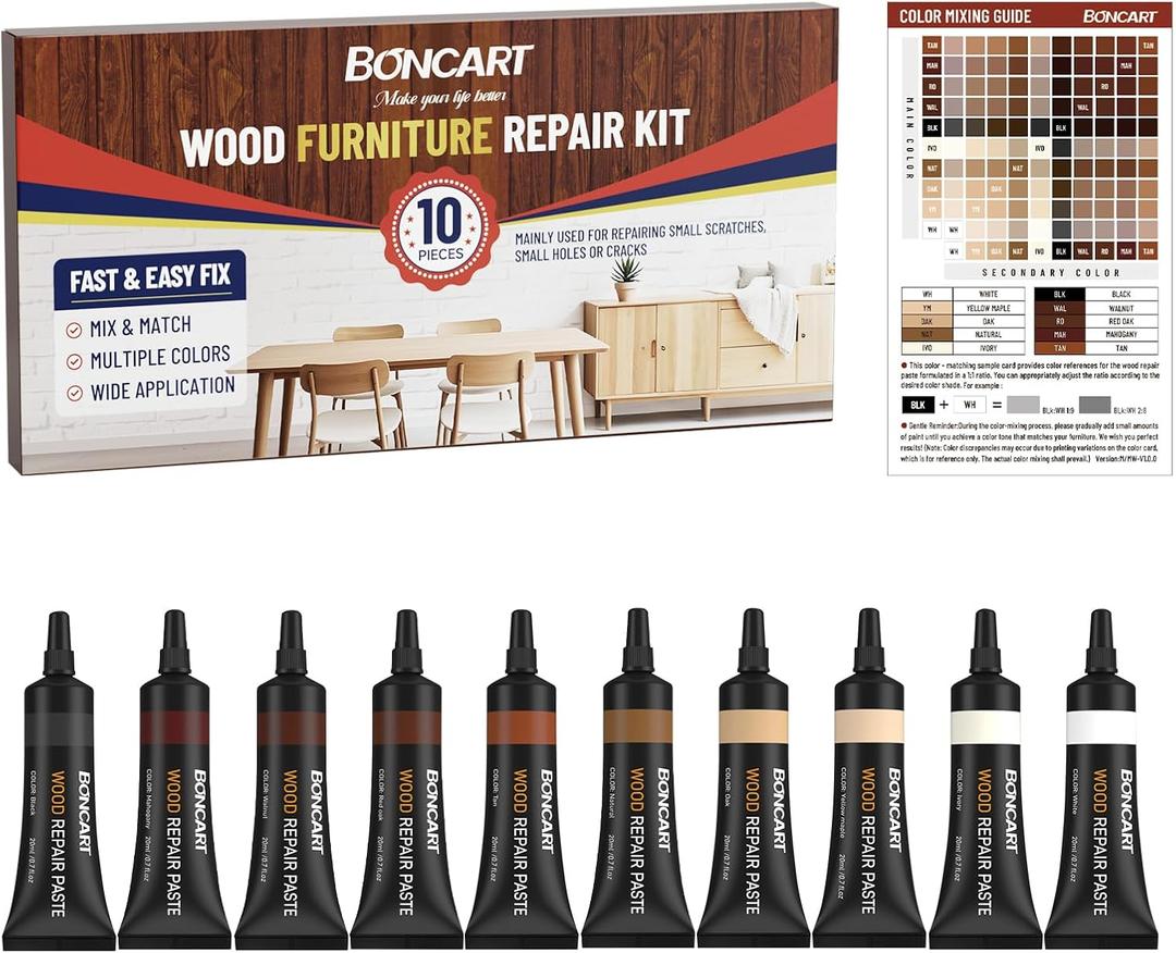 Wood Furniture Repair Kit, Wood Touch up Fillers, Repair Scratches, Cracks, Paint Chips, and Nail Holes on Furniture, Floors, Doors, Cabinets, and Tables (10 Colors)