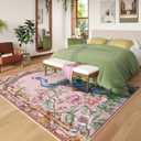 Living Room Rug 5x7 Rug Machine Washable Floral Peacock Area Rug Non Slip Floral Animal Vintage Low Pile Large Rugs for Living Room, Bedroom, Farmhouse, Dining Room, Kids Playroom (Pink)