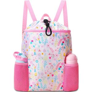 RHCPFOVR Drawstring Backpack for Kids - Swim Bags for Girls Beach Swimming Pool Lightweight Draw String Bags Waterproof Sports Gym Bag With Two Water Bottle Holder (Leaf & Flower)