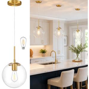 KoKo&Yukina 10" Modern Globe Pendant Light Mid-Century Gold Pendant Lights Kitchen Island Height Adjustable Clear Glass Pendant Light Fixture for Dining Room Bedroom Hallway Entryway Sink Bulb Incl.