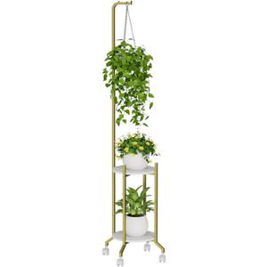 Plant Stand Indoor, 2 Tier Hanging Tall Plant Shelf with Wheels, 3 Potted Corner Flower Stand Metal Plant Holder, Plant Shelves for Living Room, Bedroom, Patio, Outdoor, Gold