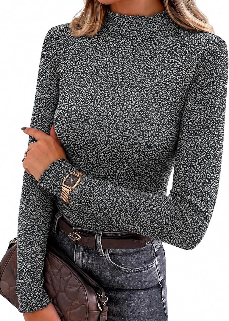 Womens Mock Neck Long Sleeve Tops Leopard Print Knit Slim Fit Shirt Ruffled Lettuce Trim Elegant Layering Tee (Gray, M)