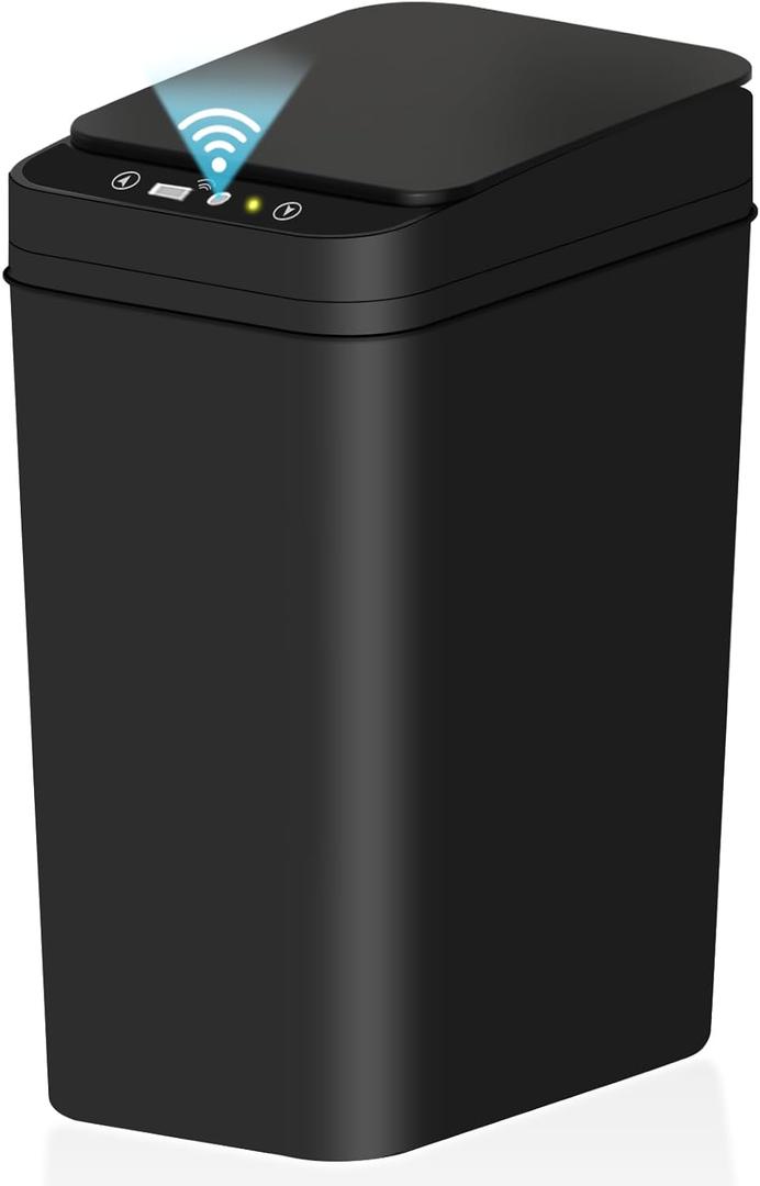 jinligogo Bathroom Small Trash Can with Lid, 2.6 Gallon Touchless Automatic Garbage Can Slim Waterproof Motion Sensor Smart Trash Bin for Bedroom, Office, Living Room-Black