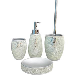 Exquisite Silver Glass Sequins Resin Bathroom Accessory Set,4 Pcs - Soap Dish,Lotion Dispenser,Toothbrush Cup,Toilet Brush & Holder,Modern Luxury Bathroom Set