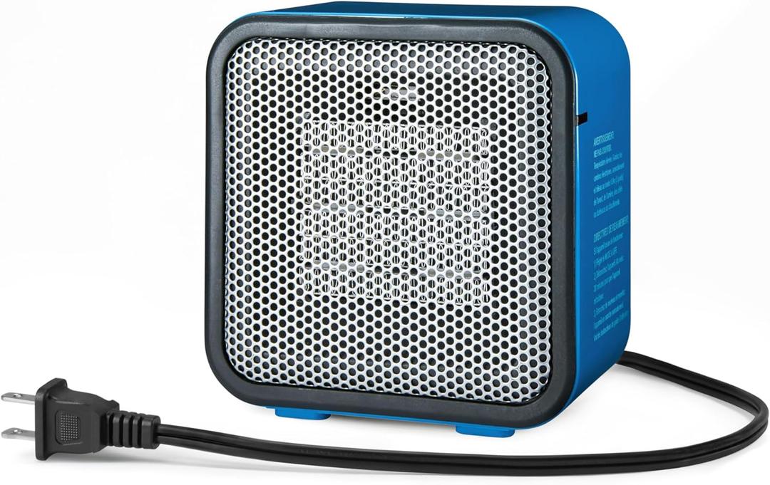Amazon Basics Ceramic Portable Mini Space Heater for Office Desk, Fast Heating, Efficient, Indoor Use, 500W, With Tip-Over Protection, Lightweight 1.4 lbs, Blue, 5.9 x 3.2 x 6 inches