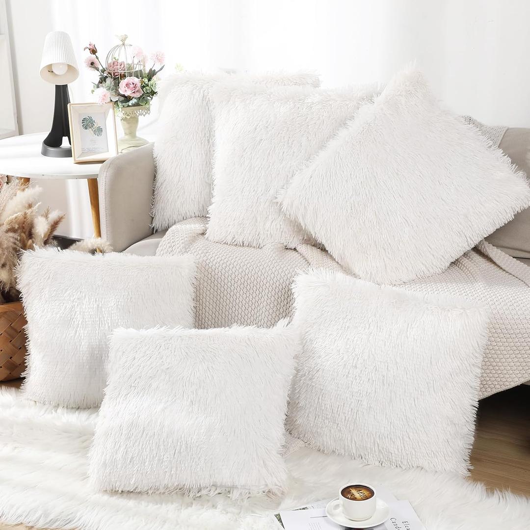 VitalCozy 6 Pcs Winter Faux Fur Throw Pillow Covers Fluffy Couch Cushion 18 x 18 in Square Pillow Luxury Decorative Soft Pillowcase Zipper Closure for Sofa Couch Sleepover Party(White)