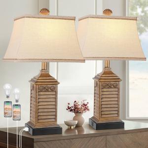 Hamucd Coastal Table Lamps Set of 2, Beach Living Lamps for Bedroom with USB A+C, Washed White Modern Resin LED 3Color Temperature Bedside Nautical Decor, Nightstand Tropical Lamps for End Table, Brown