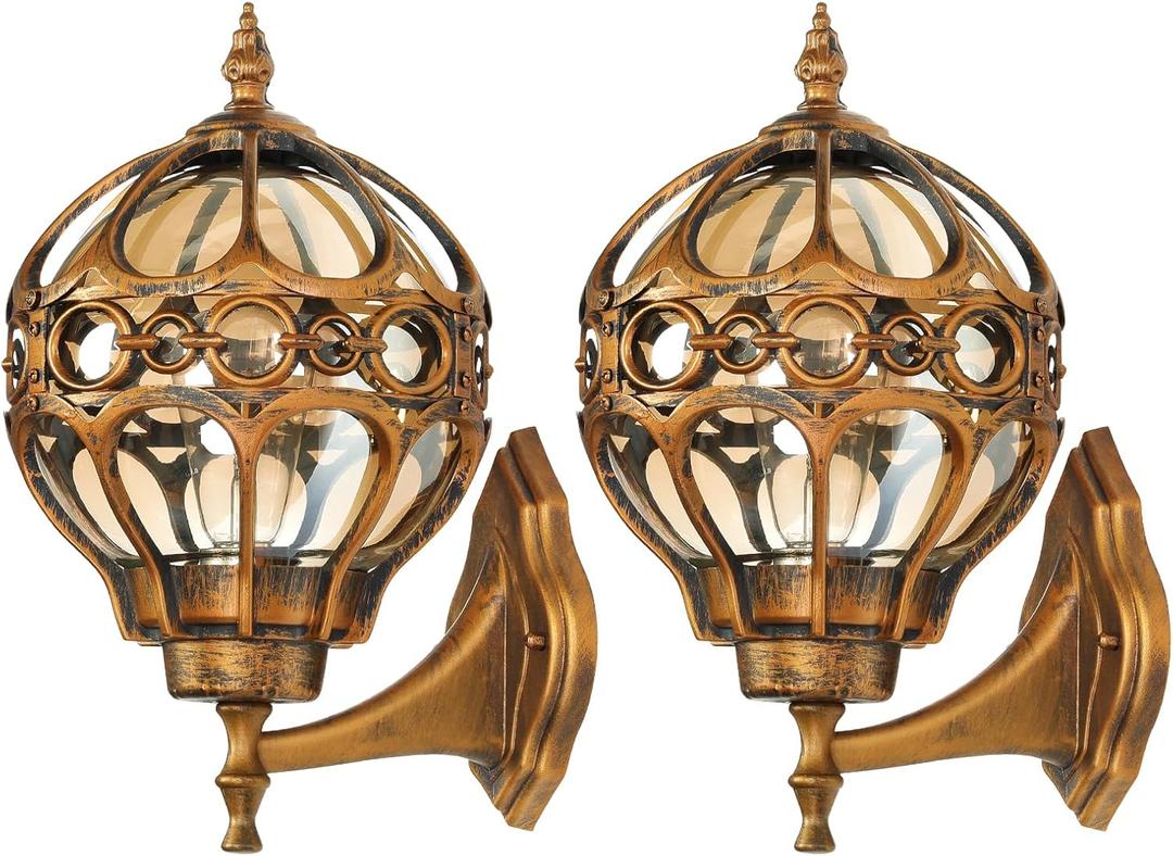 Gold Outdoor Wall Light Fixtures, Globe Exterior Aluminum Waterproof Porch Lights, Sphere Anti-Rust Outside Lantern Wall Mount with Amber Glass for Patio Backyard Garage Doorway, 2 Pack