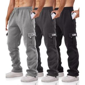 Cargo Pants for Men 3 Pack Relaxed Fit Mens Joggers with Pockets,Fleece Hiking Tactical Workout Pants Casual (Medium, Black, Dark Gray, Light Gray)