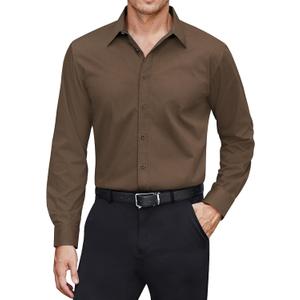 J.VER Men's Dress Shirts Stretch Stain Shield Long Sleeve Solid Formal Shirt Business Casual Button Down Shirts (Brown, L)