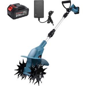 21v Cordless Tiller, 8-Inch Wide 4.0 Ah Battery Powered Garden Cultivator, Cultivator with Steel Tines and Battery Capacity Display, Rototiller for Lawn/Gardening/Soil Cultivation (Blue) by Shintyool