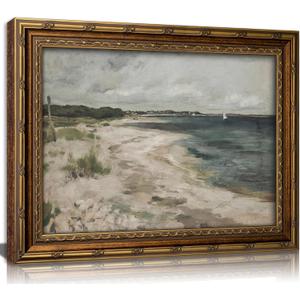 Vintage Gold Framed Coastal Canvas Wall Art Seaside Town Ocean Landscape Painting Picture Retro Seascape Aesthetics Poster Prints Artwork for Living Room Bedroom Bathroom Wall Decor