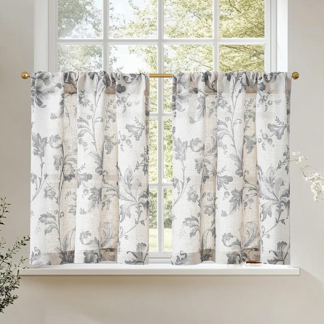 Jinchan Linen Kitchen Curtains 24Inch Vintage Gray Floral Tier Curtains Farmhouse Cottage Cafe Rod Pocket Country Small Window for Laundry Room Bathroom RV 2 Panels Grey on Beige