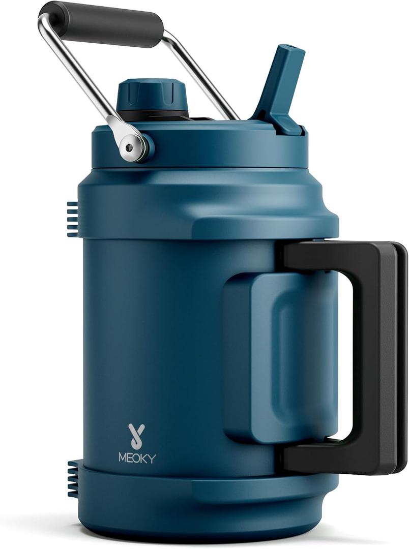 64 oz Insulated Water Bottle for Gym: Meoky Triple Wall Vacuum Stainless Steel Half Gallon Water Jug - Top and Side Handles, 2-in-1 Straw and Spout Lid, Cold for 36 Hrs, Leak Proof for Camping (Denim)