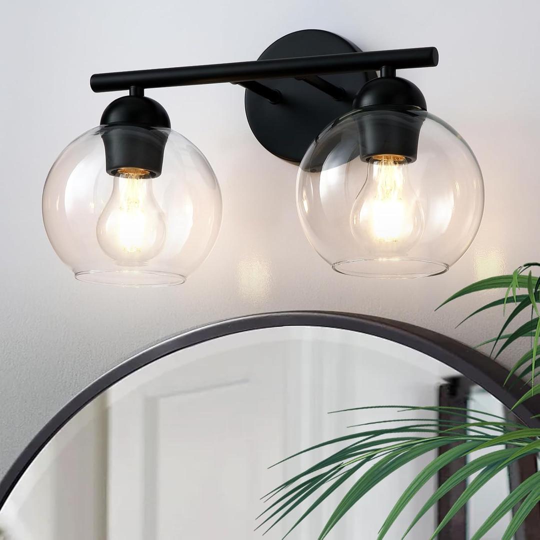 Black Bathroom Light Fixtures, 2 Light Bathroom Vanity Light with Globe Glass Shades, Modern Farmhouse Vanity Lights Over Mirror, Matte Black Wall Lights for Bedroom Restroom, E26 Socket