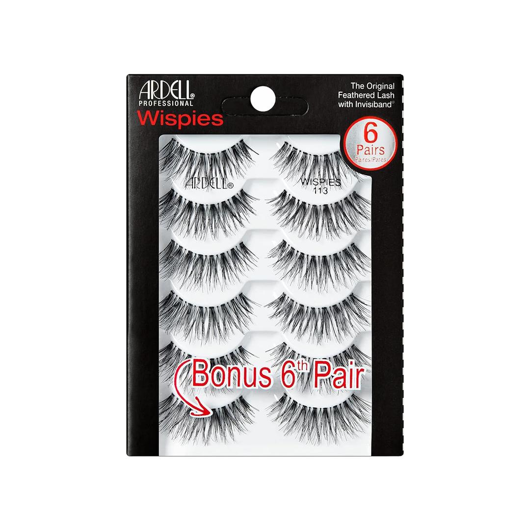 Ardell Wispies False Eyelashes 113 Natural Wispy Strip Lashes, Lightweight & Seamless Invisiband for All-Day Wear, 6 Pairs, 1 Pack