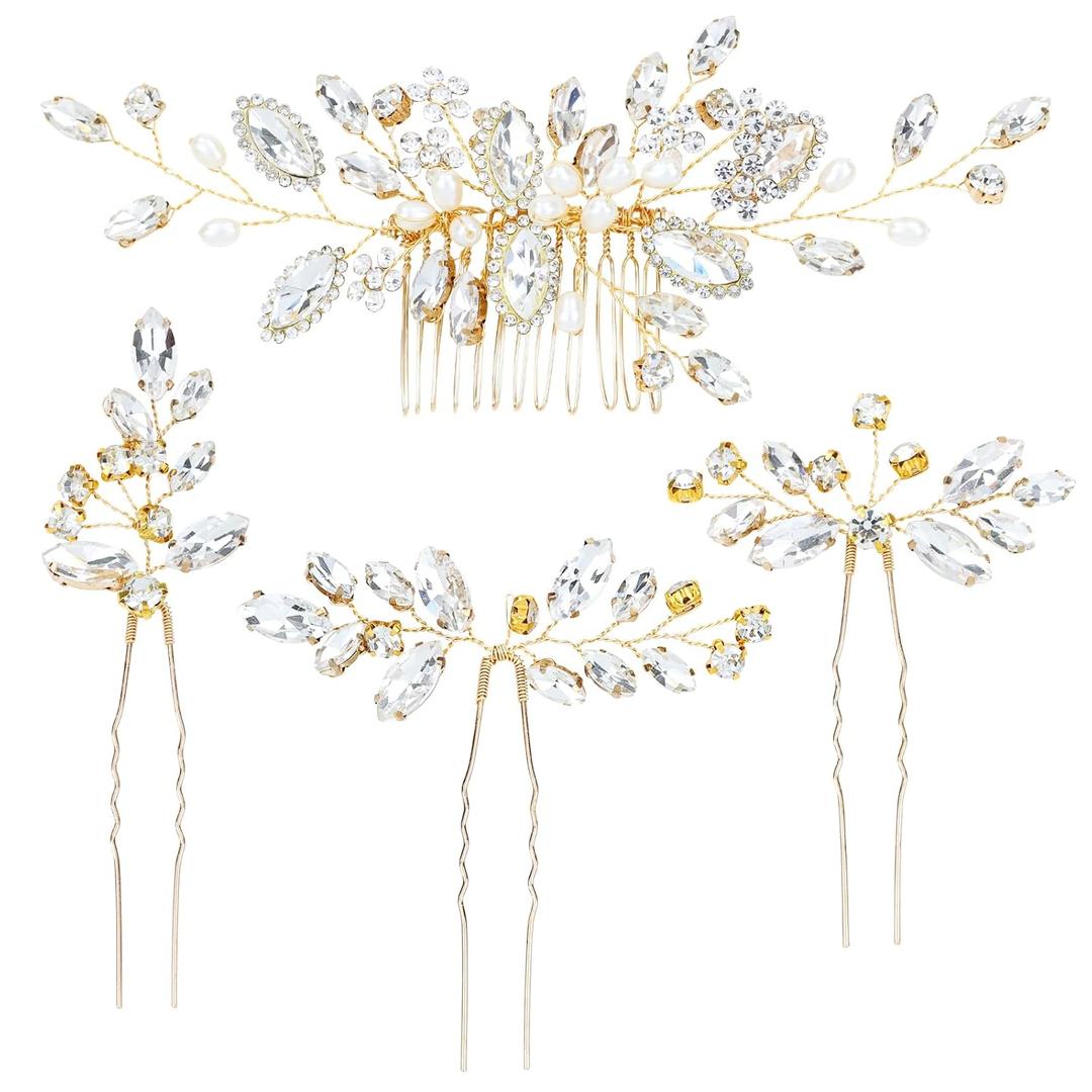 inSowni 4 Pieces Gold Metal Wedding Bridal Rhinestone Hair Side Comb Slide+U-shaped Rhinestone Hair Pins Prom Party Headpieces for Brides Bridesmaids Women Girls