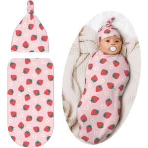 Swaddling Blanket for Baby, Sleeping Sacks, Unisex Baby Stuff with Hat, Strawberry