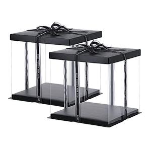 XININSUN 3 Pcs Large Cake PET Clear Box, 10" X 10" X 9" with ribbon and pre-folded lid, for 8" cake packing carry, baking cookie display, Carry Tall Layer Gift, Festive Gift Box -Black