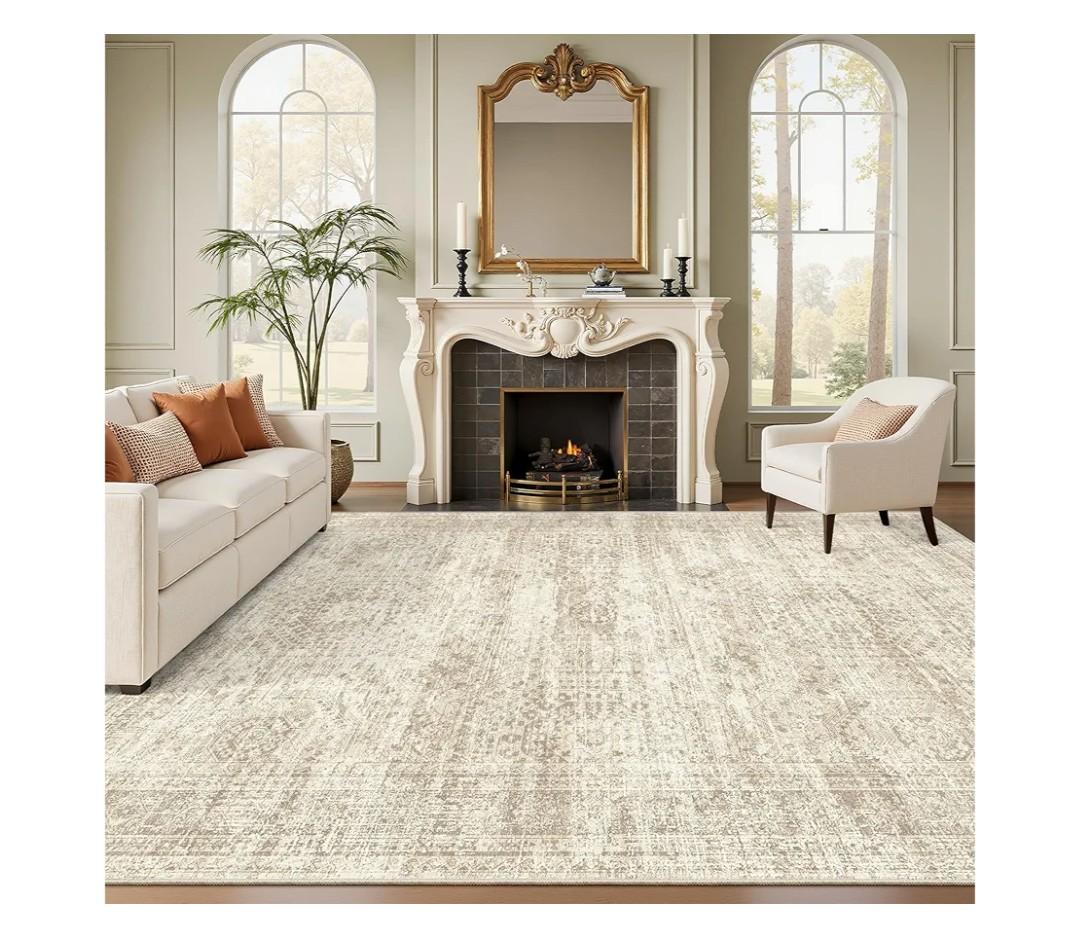Washable Area Rug 8x10, Large Soft Rugs for Living Room Vintage Beige Carpet 8x10 Area Rugs for Bedroom Dining Room Non-Slip Stain Resistant Under Table Rug