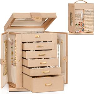 AKOZLIN Jewelry Box 6-Tier Organizer Functional 360 Rotating Jewelry Storage Case for Women Girls Ring Necklace Earring Bracelet Holder with Mirror (Champagne)