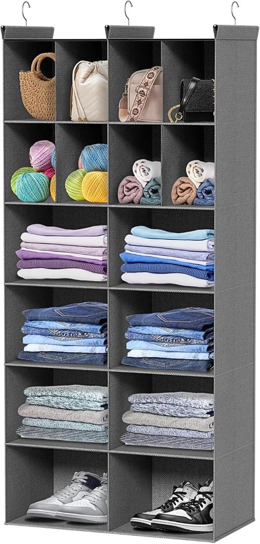 6 Tier Hanging Closet Organizer, 16 Compartments Sweater Organizer for Closet with 3 Sturdy Hooks, Closet Organizers and Storage, Wardrobe, Rv, Garment Rack, Grey