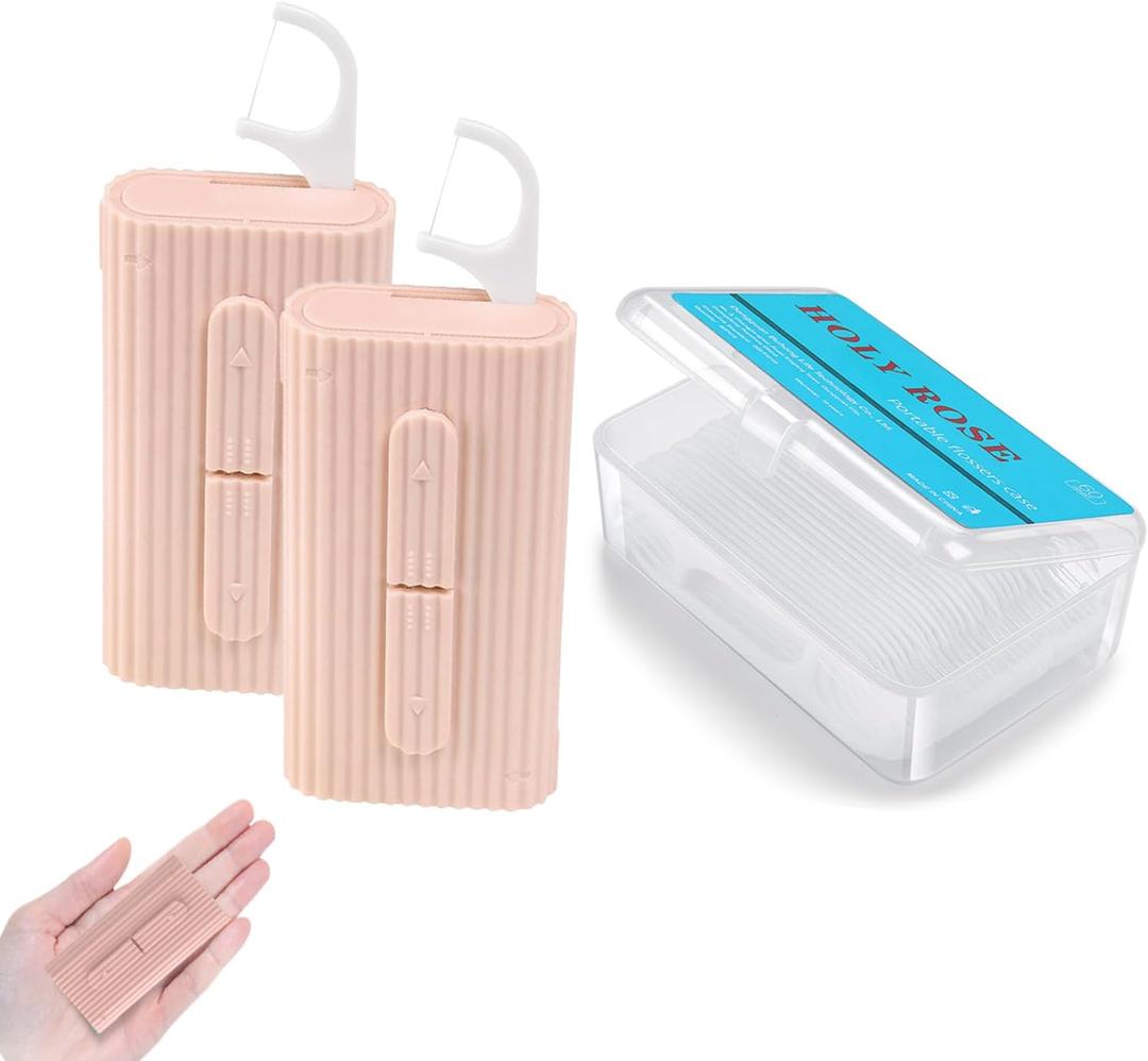 Holy rose Portable Dental Floss Dispenser 2 Box, Portable Floss Picks Case with Adult Floss Sticks 80 Count, Flossers Toothpicks Boxs Perfect for Home, Travel Cleaning Teeth Oral Care Best Tool(Pink)