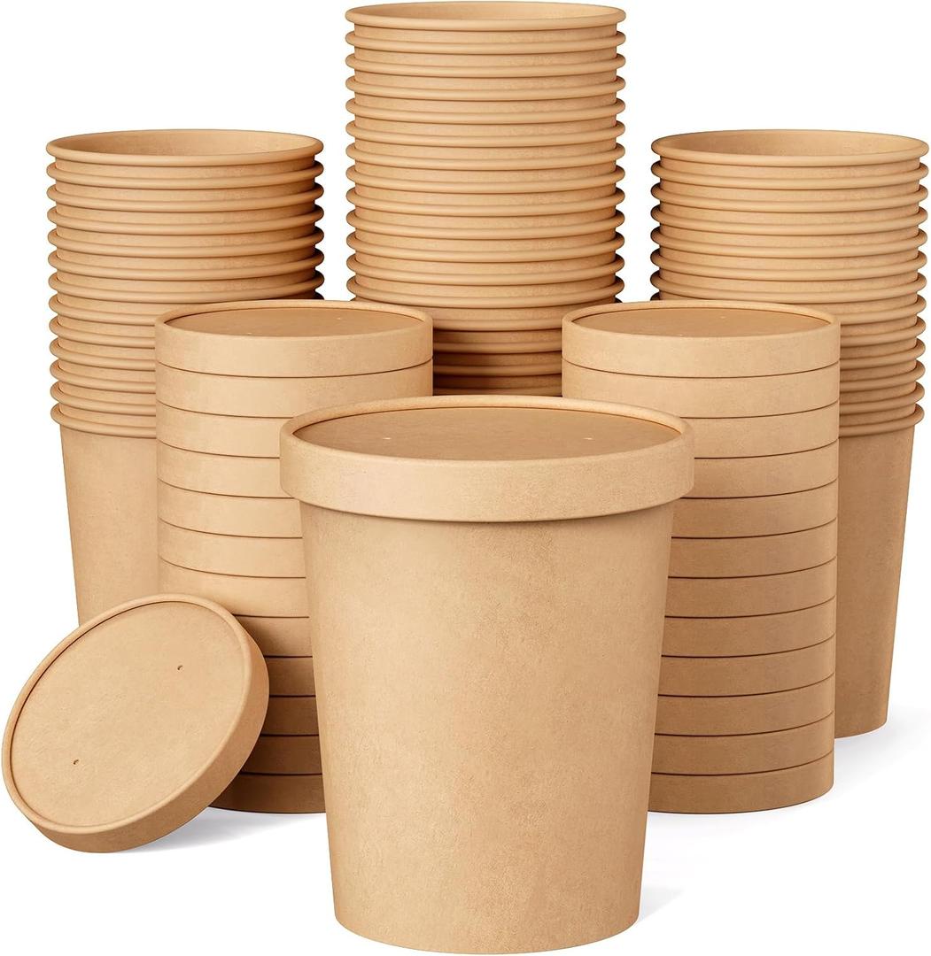 JOLLY PARTY 25pack 32oz Paper Soup Containers with Lids, Disposable Paper Food Cups, Ice Cream Cups, Food Storage with Lids, Microwavable and freezer safe, Suitable for Christmas Thanksgiving (Brown)
