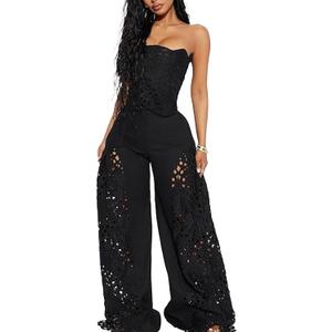 Mandonce 2 Piece Sets for Women Off Shoulder Lace Tube Top and Lace Flowy Wide Leg Pants Beach Vacation Sexy Outfit Going Out (Black, XL)