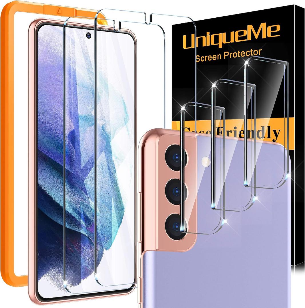 UniqueMe [2+3 Pack] Screen Protector Compatible for Samsung Galaxy S21+ Plus 5G (6.7 inch) 2 Pack Tempered Glass and 3 Pack Camera Lens Protector [Support ultrasonic unlock] [Installation Frame]