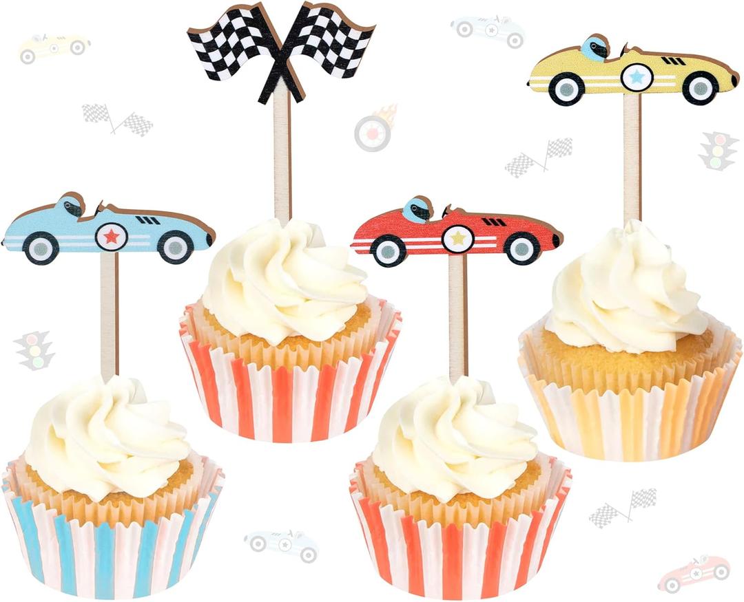 32pcs Race Car Wooden Cupcake Toppers, Racing Flag Cupcake Picks Cake Decorations Baby Shower Birthday Party Supplies