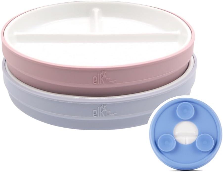 Elk and Friends Kids 6.7 Porcelain White Divided Plates with Silicone Suction Sleeves | Suitable for Babies/Toddlers | Microwave & Dishwasher Safe | Stay Put Dinnerware | Snack Dishes | 2 Pack (Blush/Lilac)
