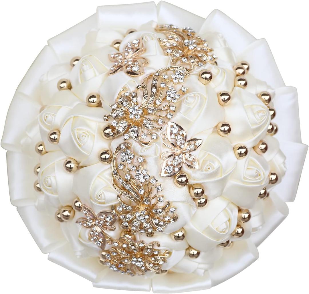 WIFELAI-A Golden Rhinestone Brooch Wedding Flowers Bridal Bouquets Crystal Bride Holding Bouquet White Ivory Satin Roses with Diamond