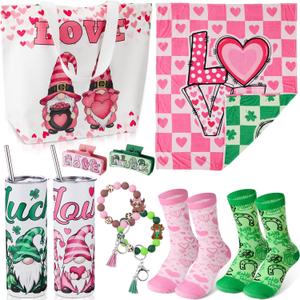 Sieral 10 Pcs Valentine's Day St. Patrick's Day Gnomes Gift Set 20oz Tumbler Blanket Canvas Tote Bag Socks Keychain Hair Claw Gift for Women Her Wife Girlfriend Romantic Gifts Wedding
