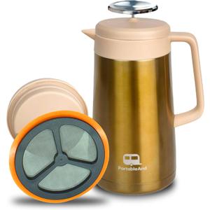 PortableAnd 34oz Double Vacuum Insulation Large Silicone French Press Coffee Maker, Metal Stainless Steel, Matte Black, Perfect for Camping, Travel, and At-Home Use (Light Gold)