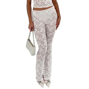 Lace Flare Pants for Women - Sexy See Through Mid-Waist Bell Bottom Leggings Trousers Party Clubwear White L