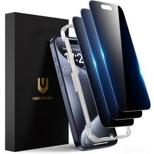 UNBREAKcable Privacy Screen Protector for iPhone 15 Pro Max (6.7"), 25 Anti-Spy Tempered Glass, Easy Install Alignment Frame, Case-Friendly, 9H Hardness, Anti-Fingerprint, 3-Pack