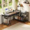 PRAISUN 55 Inch L Shaped Office Desk with Power Outlets and Type-C Port, Large Computer Gaming Desk with 3 Fabric Drawers, Mesh Shelves, Corner Study Work Writing Desk, Grey, 55.1inch