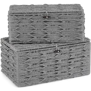 Mkono Storage Baskets Bin with Lid Decorative Paper Rope Handwoven Basket Organizer for Shelves Wardrobe Toilet Tank Top, Rectangular Wicker Home Decor Box for Bedroom Living Room, Set of 2, Grey